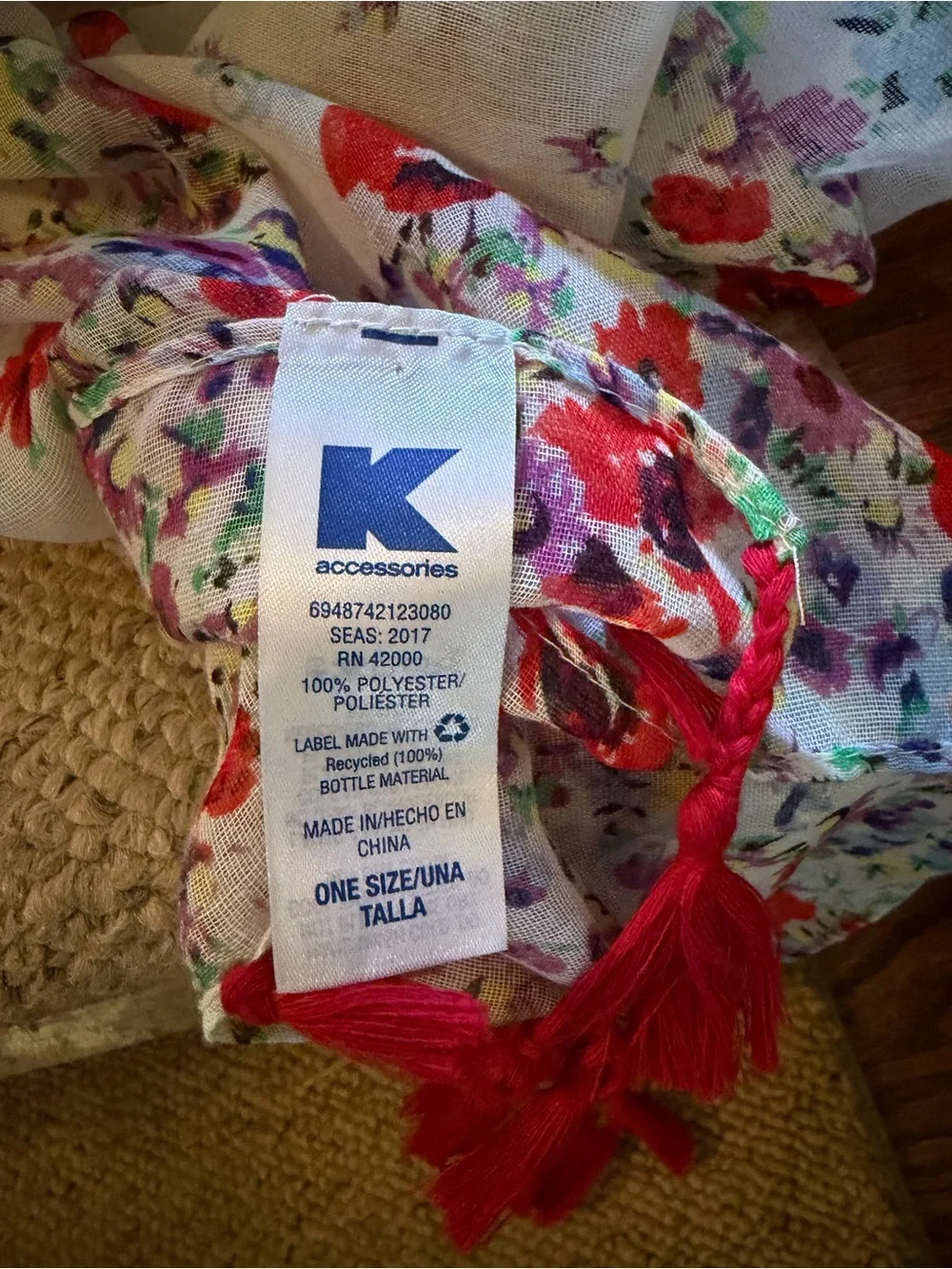 K by KMart Vintage Floral White Scarf with Red Tassels